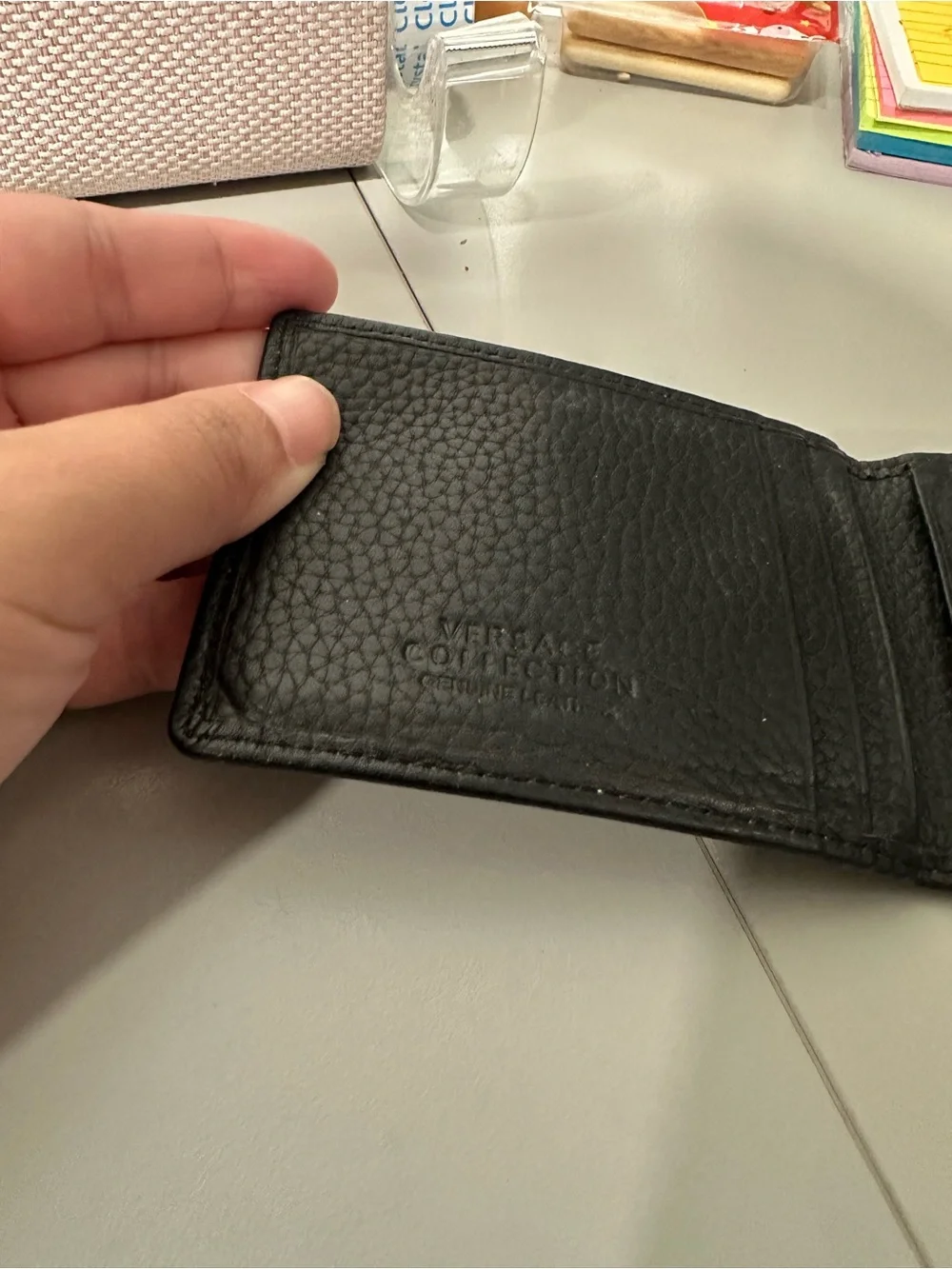 Versace Black Pebbled Leather Card petite wallet with Silver Medusa Plaque